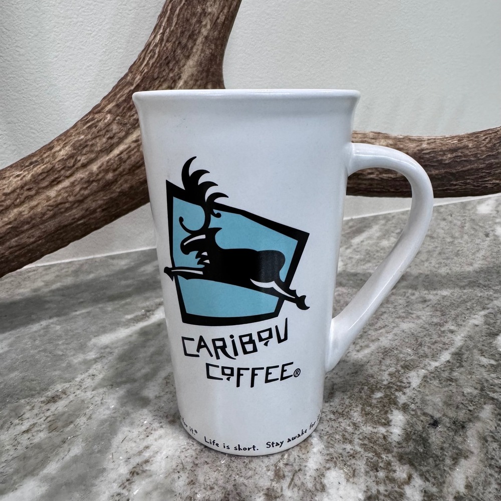 Caribou Coffee Tall Ceramic Latte Mug White Blue Logo Life Is Short Motto 16oz